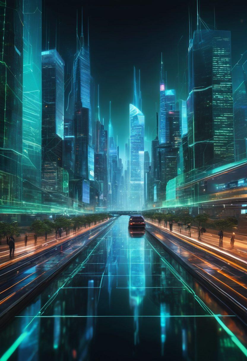 A futuristic city skyline with interconnected glowing networks, depicting data flow and communication. Showcase a diverse group of professionals collaborating in a digital workspace with holographic displays showing network statistics. Include vibrant green technology elements and streamlined devices to symbolize efficiency. The overall atmosphere should feel dynamic and innovative, emphasizing the theme of maximizing network performance. cyberpunk. vibrant colors. super-realistic.