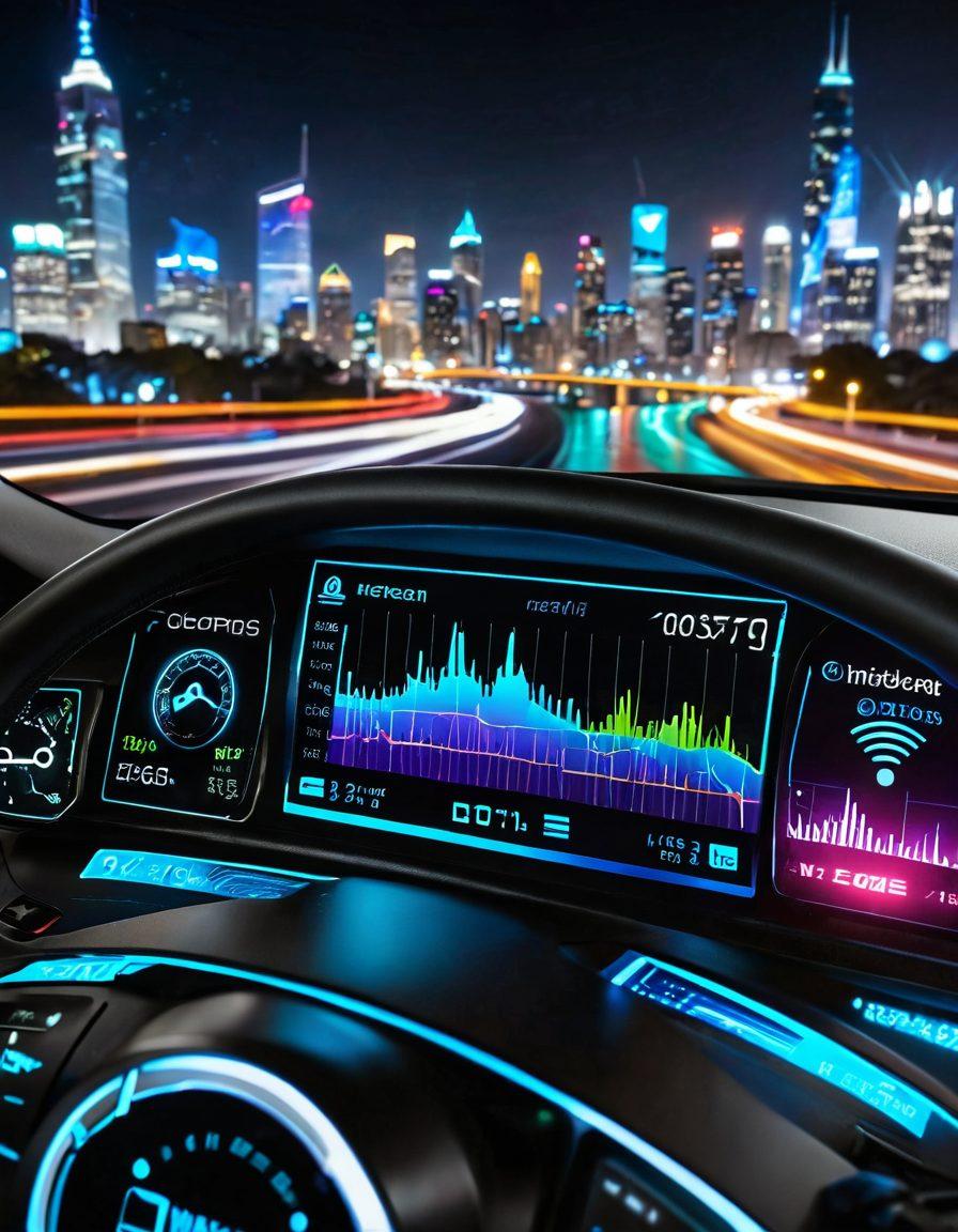 A sleek and modern digital dashboard displaying real-time internet speed metrics with dynamic graphs and colorful indicators highlighting varying speeds. In the background, a city skyline glows with fiber-optic lines representing data flow. Include elements like a glowing Wi-Fi symbol and user engagement icons for visual emphasis. cyberpunk. vibrant colors. super-realistic.