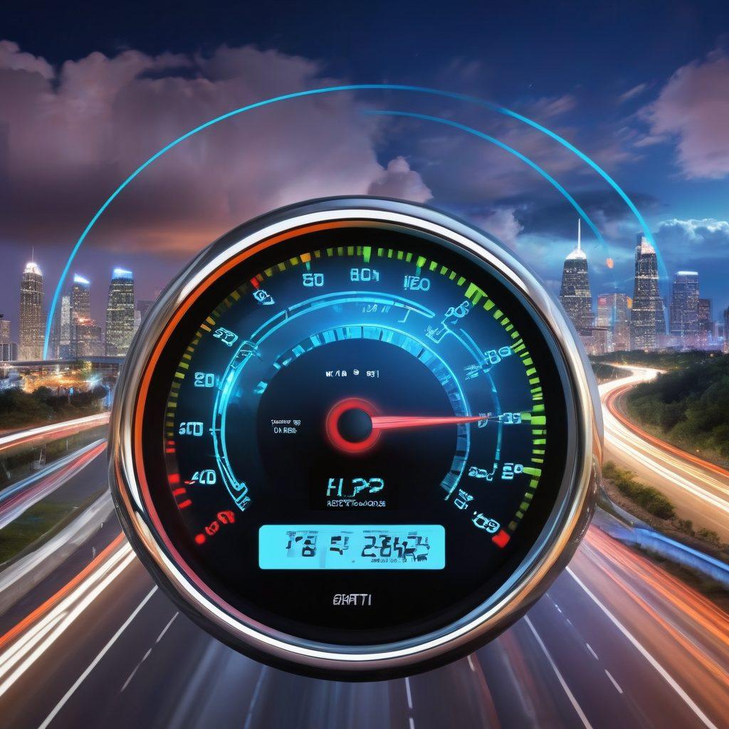 A digital speedometer displaying high speed with internet symbols like Wi-Fi, satellites, and clouds around it. In the background, a city skyline representing modern technology and connectivity. Include abstract lines signifying data flow and performance. Use vibrant colors and a sleek, modern design to convey a sense of urgency and excitement. super-realistic. vibrant colors.